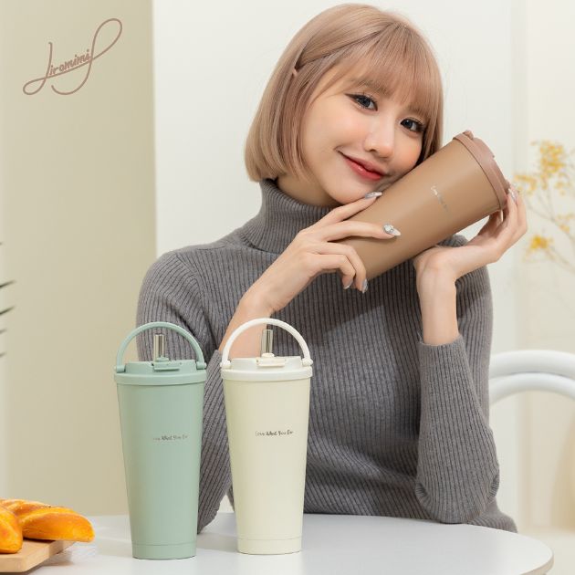 手提內瓷不鏽鋼吸管杯750ml (附不鏽鋼吸管)