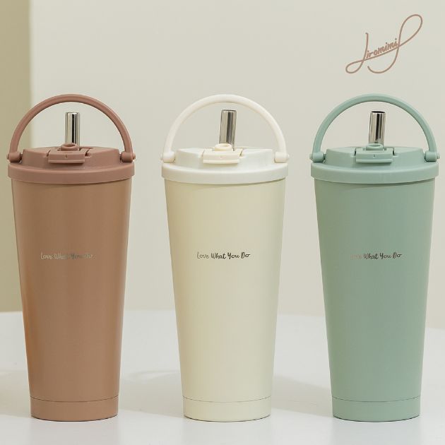 手提內瓷不鏽鋼吸管杯750ml (附不鏽鋼吸管)